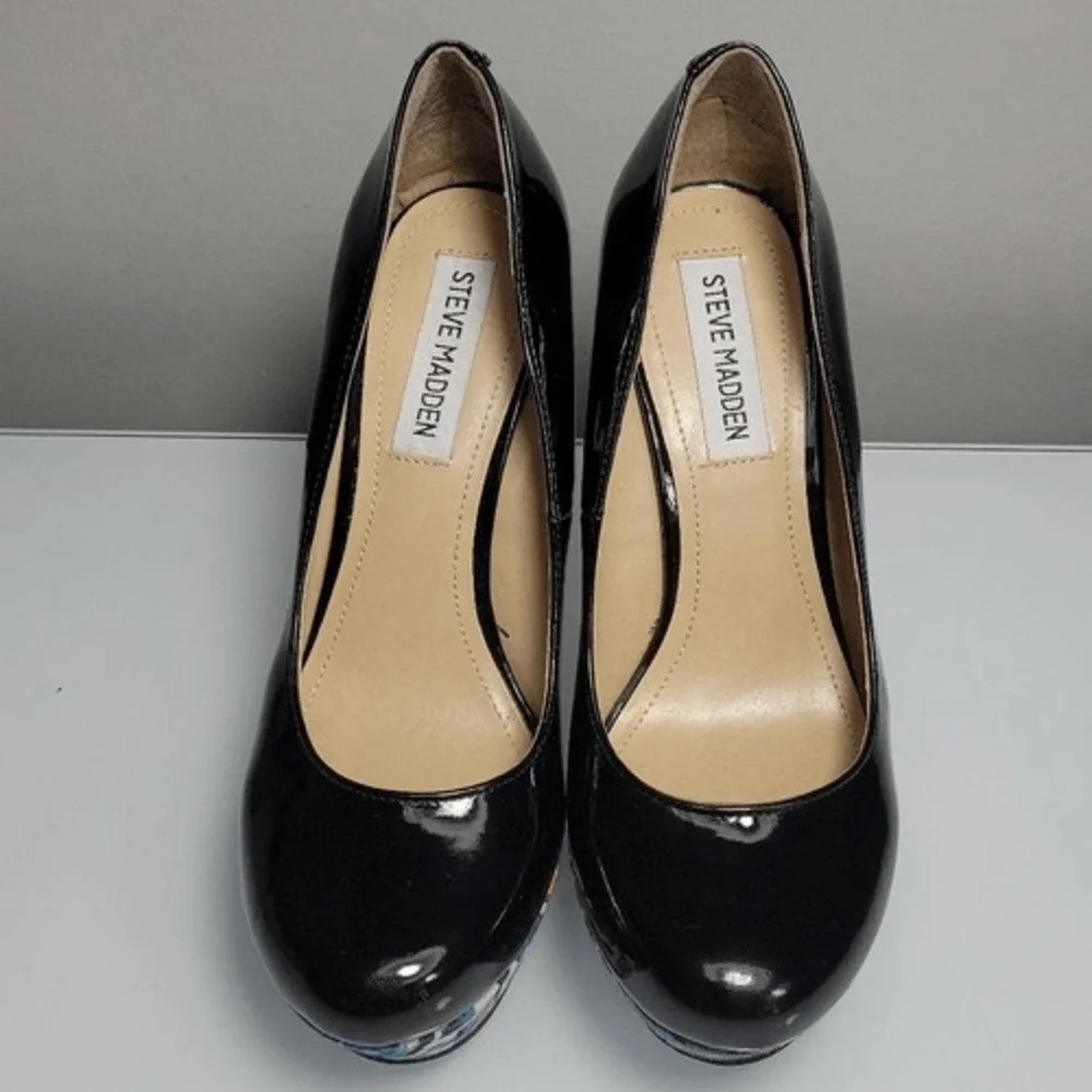 Steve Madden Unique Platform Chunky Heels 6.5 Wedge‎ Black Patent Leather Ikat
